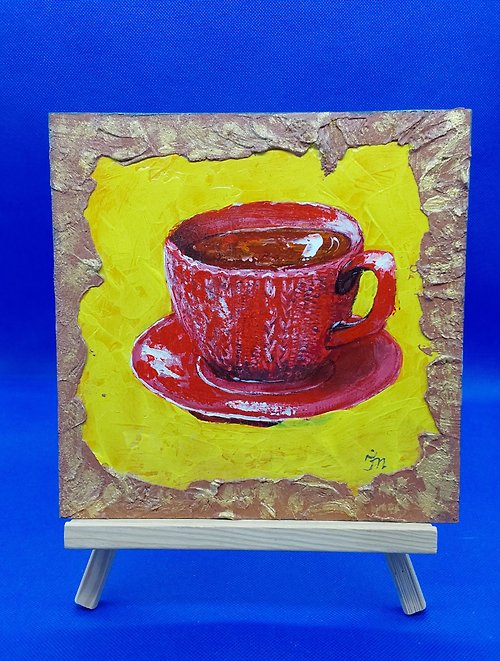 CosinessArt Still life with a red cup of tea. Painting for the kitchen. Original work