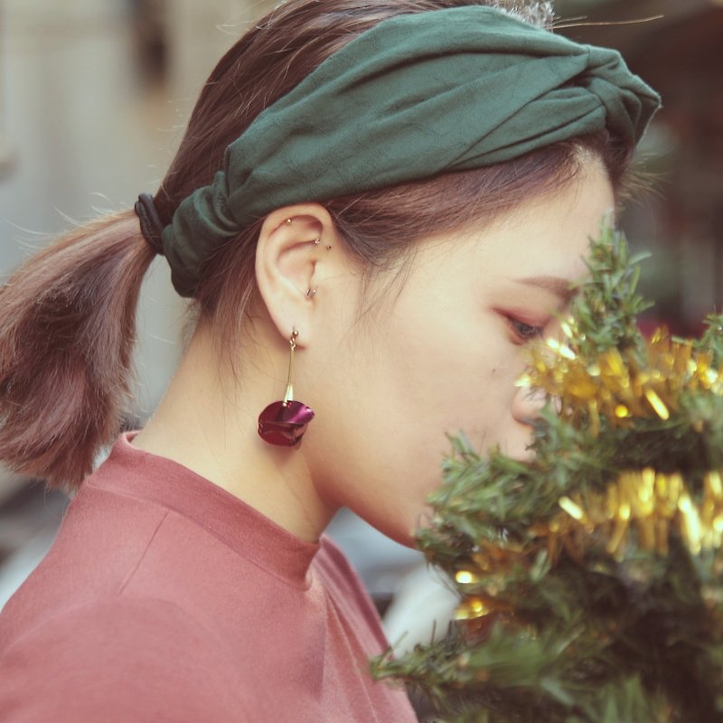 《聖誕品》深綠 刺繡緹花棉麻布／手工十字鬆緊髮帶 - 髮夾/髮飾 - 棉．麻 綠色