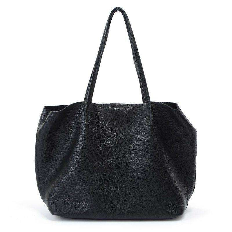 Taiwan design_easy shopping tote bag_real leather_deeply hidden black - กระเป๋าถือ - หนังแท้ สีดำ