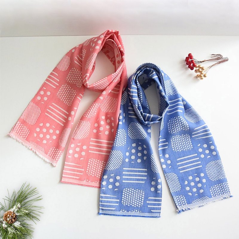 Vivid geometric pattern Banshu-ori hand towel style mini stole, 2-color pair set - Knit Scarves & Wraps - Cotton & Hemp Blue