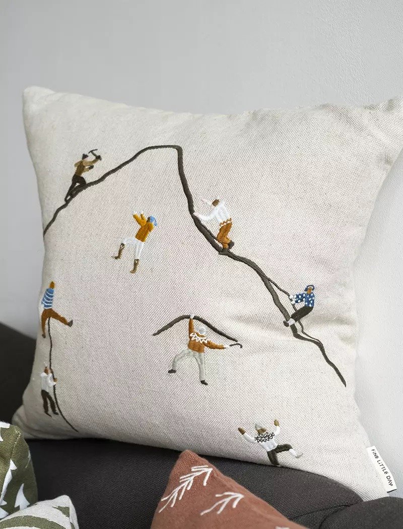 Nordic designer model – embroidered pillowcase MOUNTAIN CLIMBERS CUS - Pillows & Cushions - Cotton & Hemp Khaki