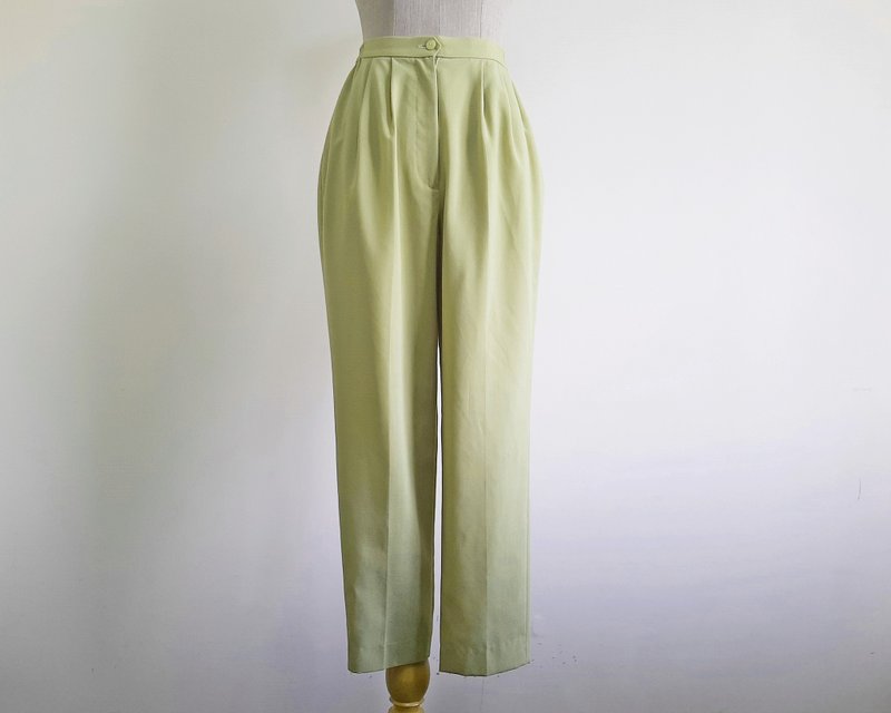 XS Small Vintage Green Wool Pleated Pants Womens High Waisted Tapered Trousers - 男長褲/休閒褲 - 其他材質 綠色