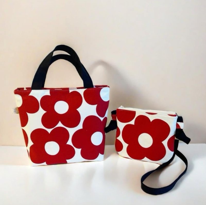 Japanese big flower parent-child bag - กระเป๋าแมสเซนเจอร์ - ผ้าฝ้าย/ผ้าลินิน สีแดง