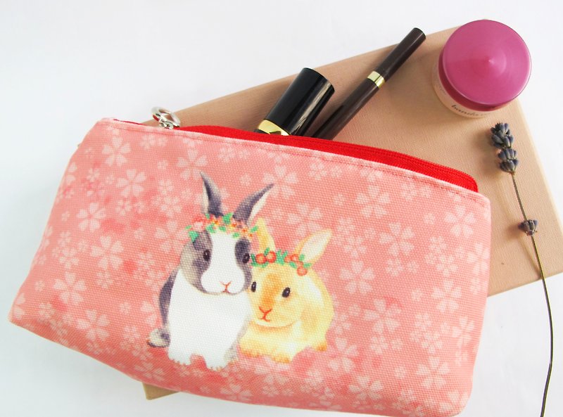 Rabbits Cosmetic Bag/ Pink Sakura Bunny Make Up Bag/Doggies Toiletry Storage/Stationary Bag/Pouch/Handmade Bag/Pencil Case/fabric zipper - กระเป๋าคลัทช์ - ผ้าฝ้าย/ผ้าลินิน สึชมพู