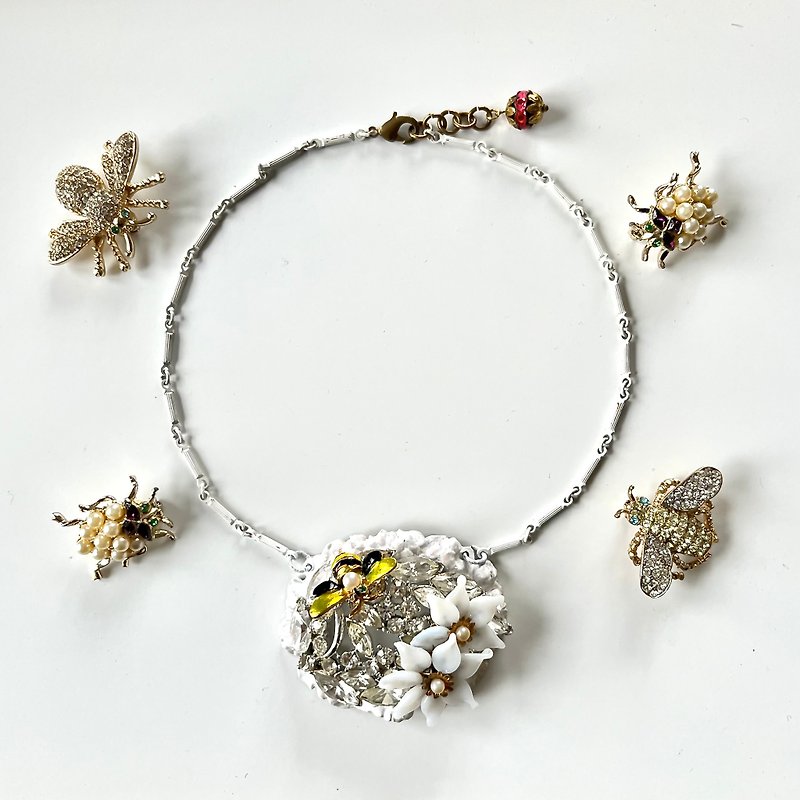 collaged bug & flower statement necklace - Necklaces - Other Metals White