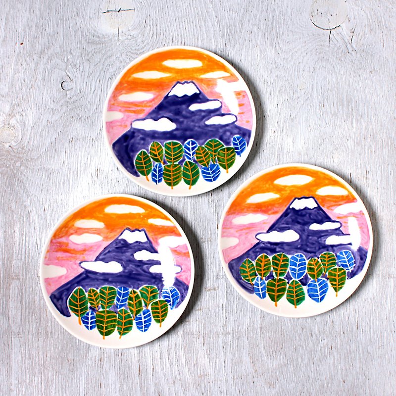 朝焼の富士山・色絵皿 - 小碟/醬油碟 - 瓷 橘色