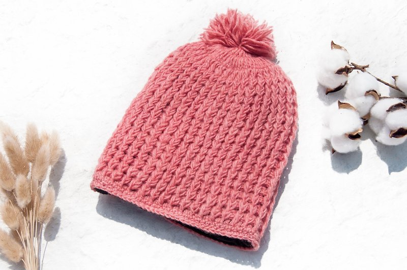 Hand-knitted pure wool hat/knitted woolen hat/inner brushed hand-knitted woolen hat/hand knitted woolen hat-rose pink - Hats & Caps - Wool Pink