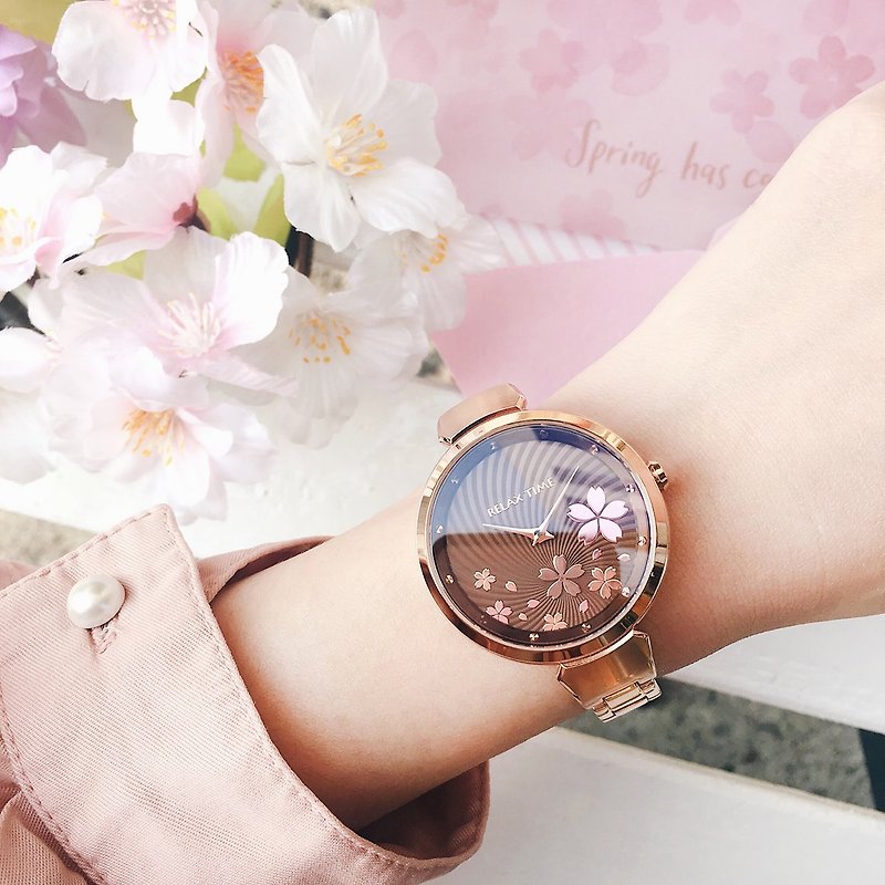 RELAX TIME Cherry Blossom Series Rose X Coffee (RT-66-3) Gift Bracelet - นาฬิกาผู้หญิง - สแตนเลส สีนำ้ตาล