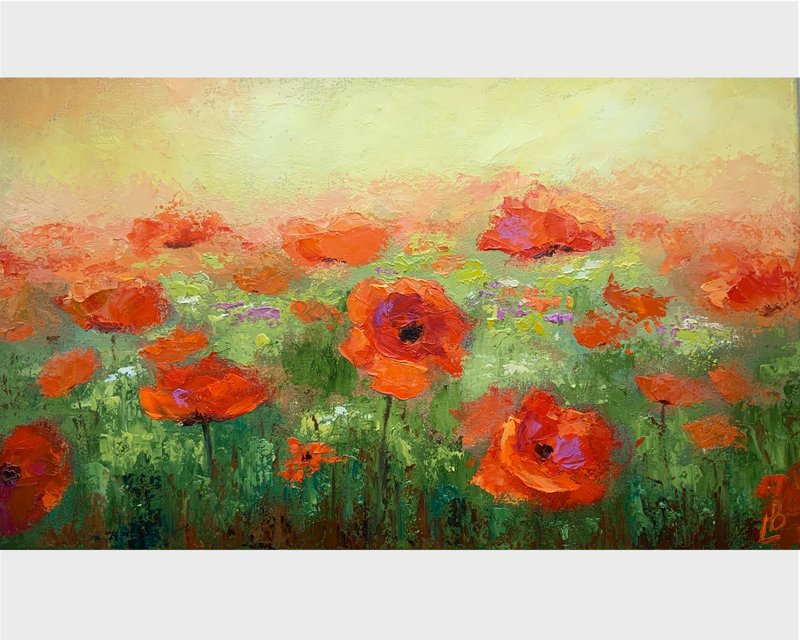 Flowers oil painting Red poppies Green meadow Poppy field Landscape - ตกแต่งผนัง - วัสดุอื่นๆ สีแดง