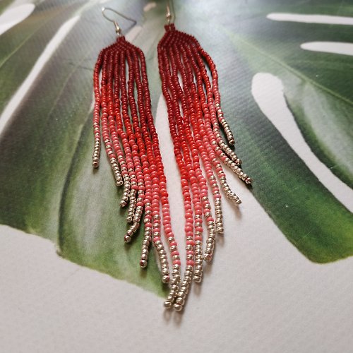 White Bird gallery of exquisite jewelry from Halyna Nalyvaiko Extra long red gradient earrings Seed bead earrings Boho ombre earrings red gold