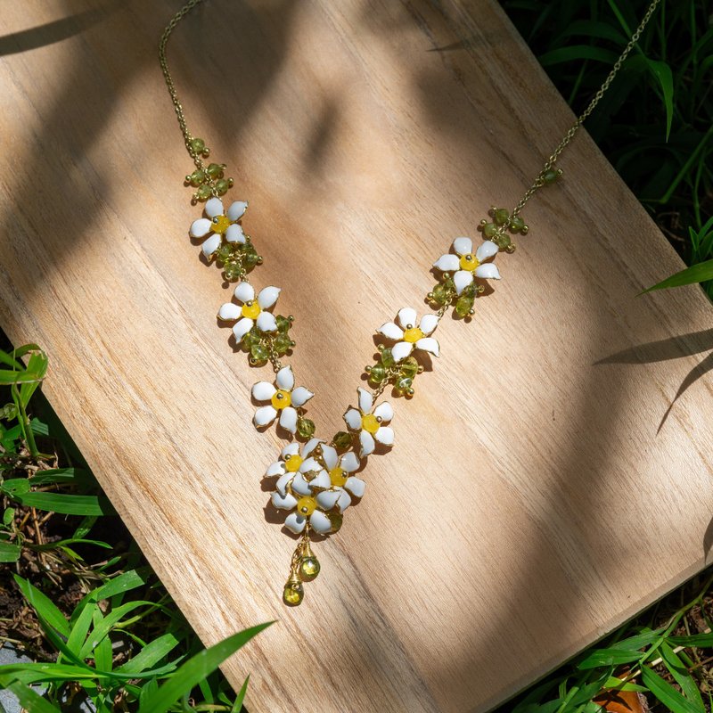 White Enamel Orange Jasmine Flower Necklace with Green Peridot - Necklaces - Copper & Brass Gold