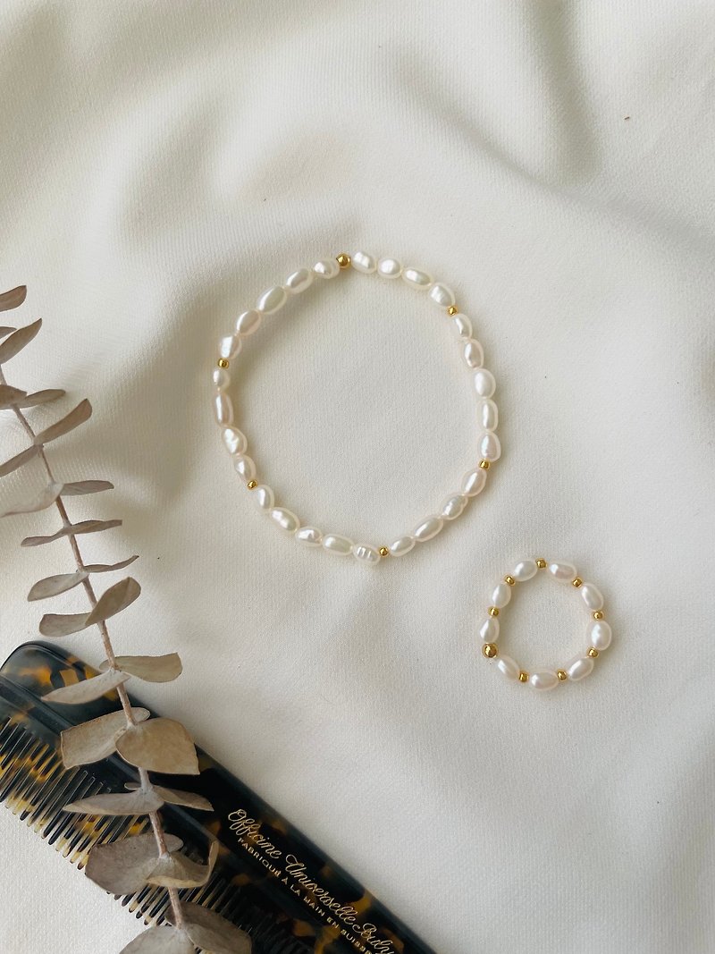 巴洛克珍珠手環 巴洛克珍珠戒指 天然珍珠兩件一組 - 手鍊/手鐲 - 珍珠 白色