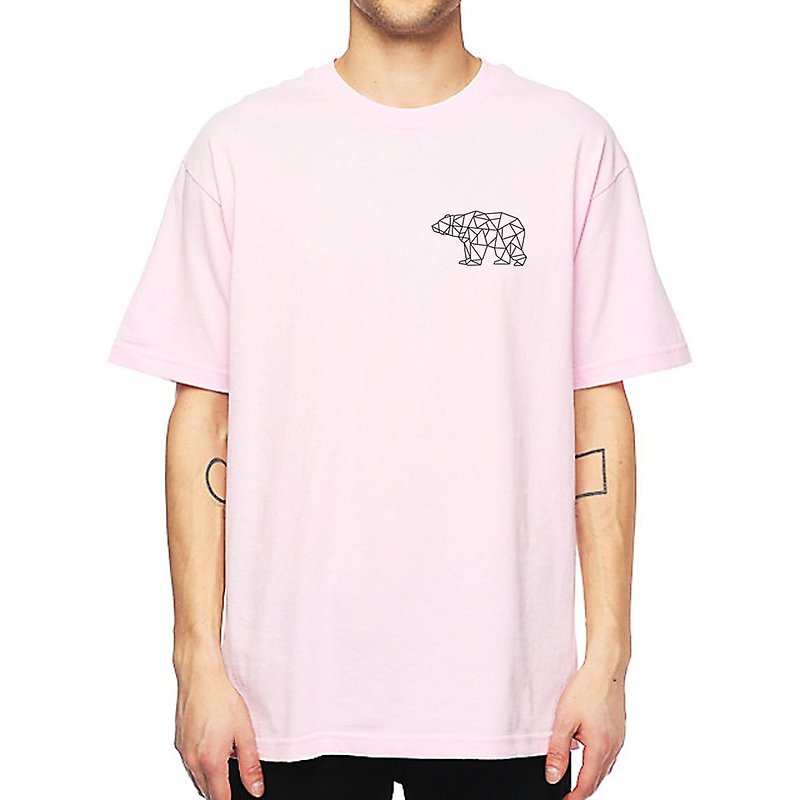 左胸のクマの幾何学的な半袖Tシャツライトピンクの幾何学的なクマのギフトウェンチン恋人 - Tシャツ メンズ - コットン・麻 ピンク