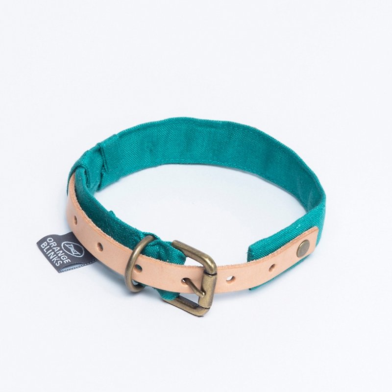Collar Orange Blinks lake green cotton and Linen stitching leather collar S/L (M sold out) - Collars & Leashes - Cotton & Hemp 