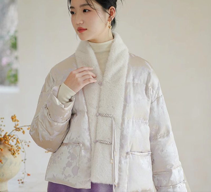 新中式復古中國風 盤扣毛領短款羽絨服 - 其他 - 聚酯纖維 銀色