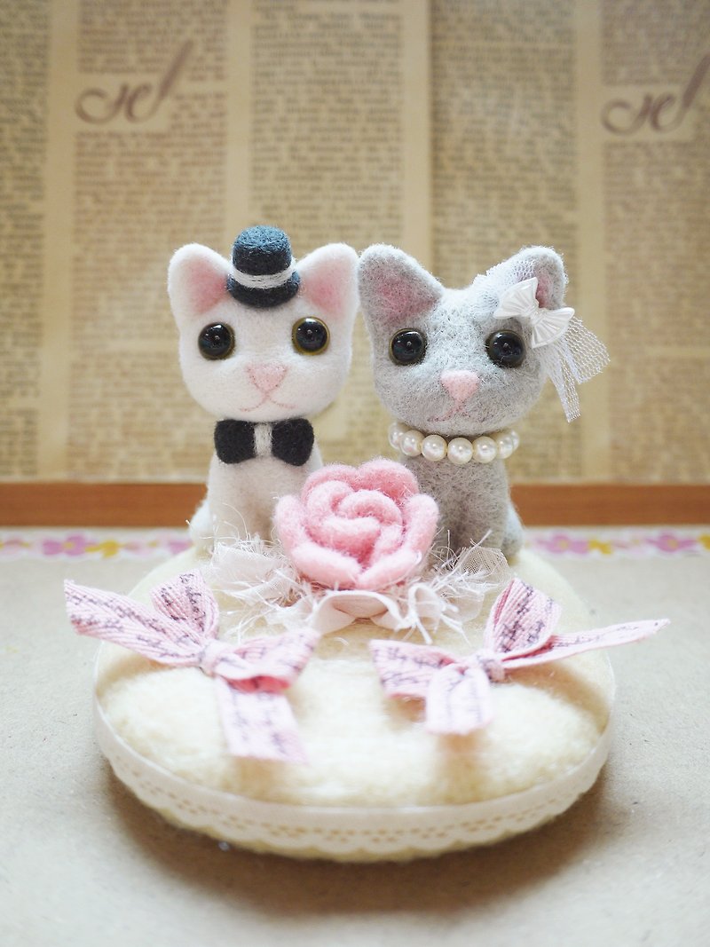 羊毛氈一雙一對小貓咪婚禮戒指枕/擺設 - 擺飾/家飾品 - 羊毛 黃色