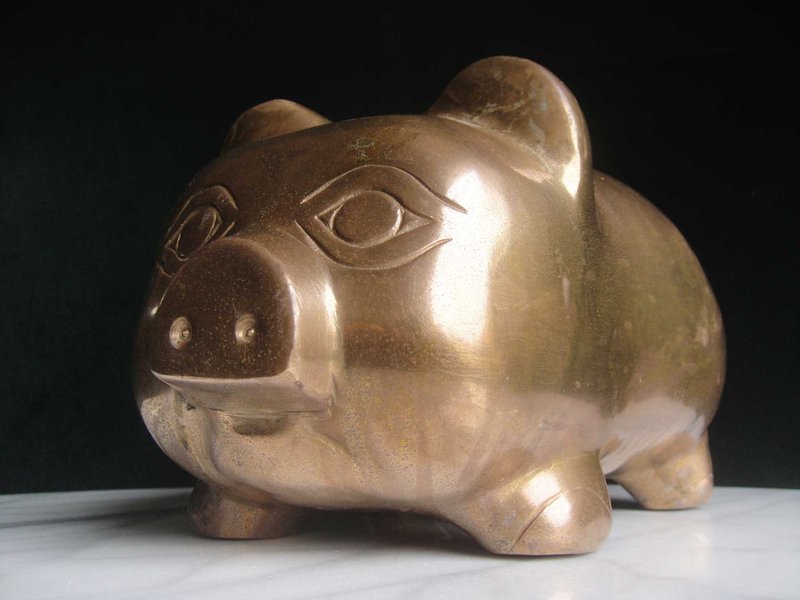 【Old Time OLD-TIME】Early Second-hand Rare Thick Copper Pig Piggy Bank Made in Taiwan - กระปุกออมสิน - โลหะ สีกากี