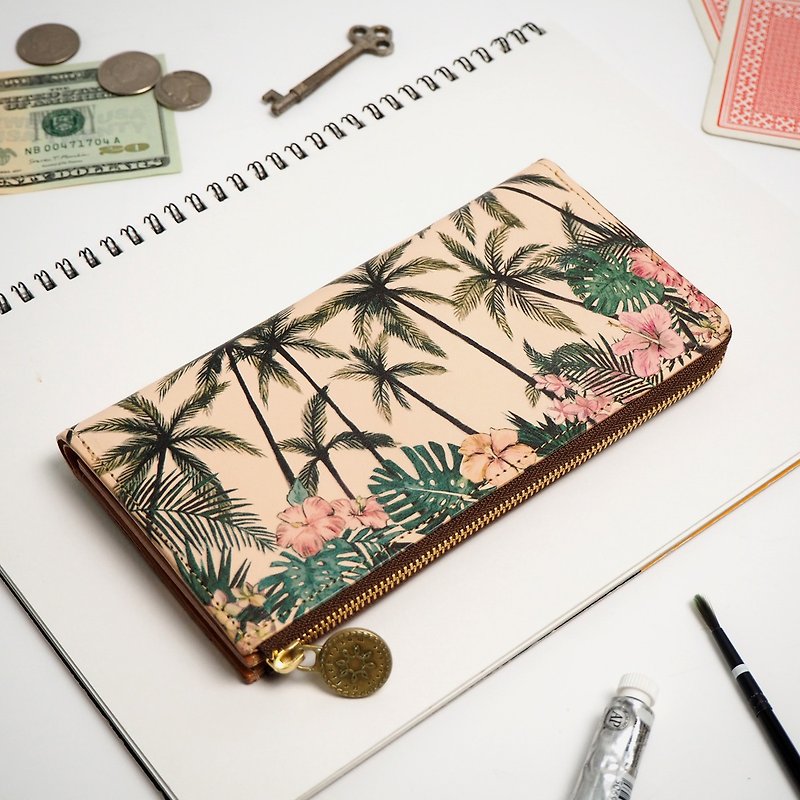 L-shaped zipper wallet / tropical palm. ILL-1156 - Wallets - Genuine Leather Multicolor