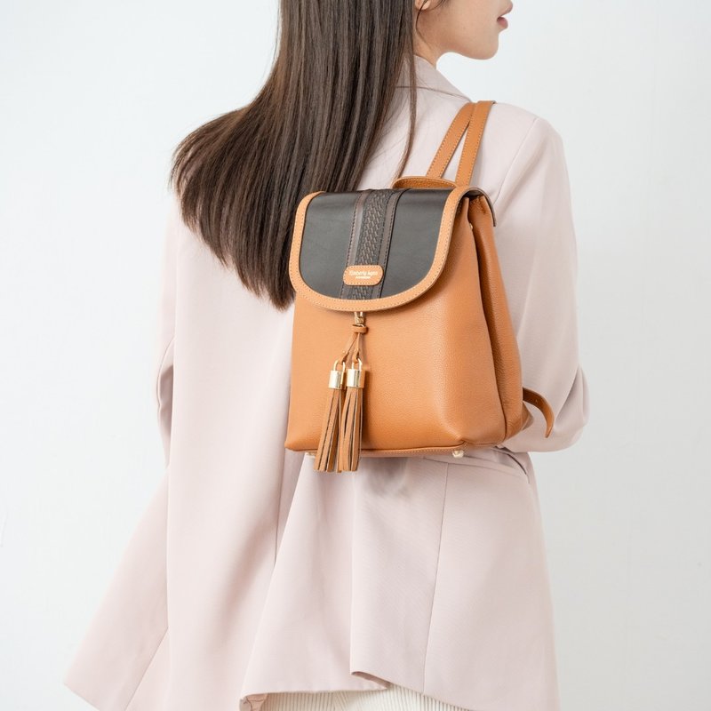 百變換蓋真皮後背包 - 深棕雅典(含流蘇) - 後背包/背包/書包 - 真皮 橘色