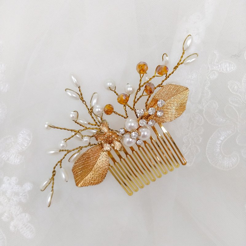 Wearing a happy rice ear series - bridal hair comb. French comb. Self-service wedding - small highlights - เครื่องประดับผม - โลหะ สีทอง