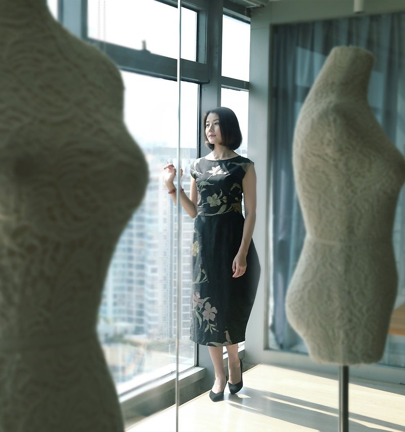 The new fragrant cloud yarn dress dream mirror flower low-key and luxurious beauty - One Piece Dresses - Silk Black