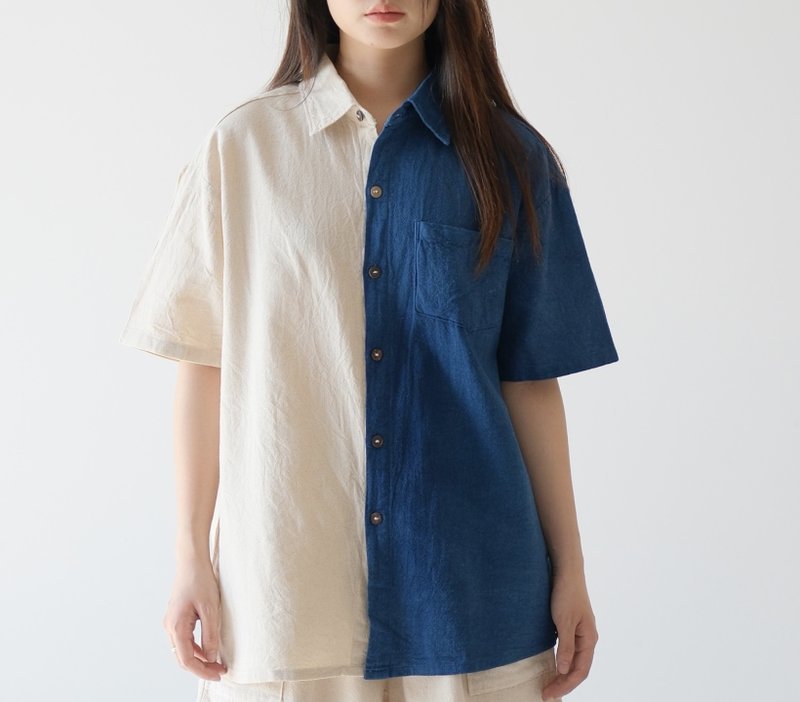 【棉質手工藍染】中性寬鬆雙色襯衫 - 女襯衫 - 棉．麻 藍色