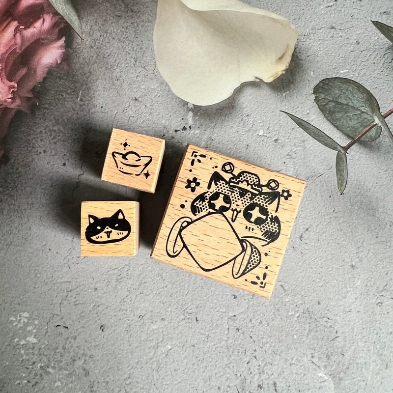 God of Wealth Cat Stamp Set-Beech Wood Rubber Stamp - ตราปั๊ม/สแตมป์/หมึก - ไม้ สีนำ้ตาล