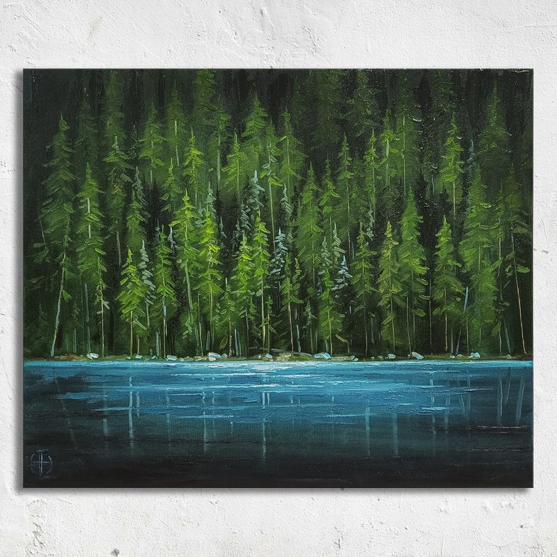 Forest Lake Oil Painting Large Panoramic Landscape Wall Art Evergreen Trees Art - โปสเตอร์ - วัสดุอื่นๆ สีเขียว