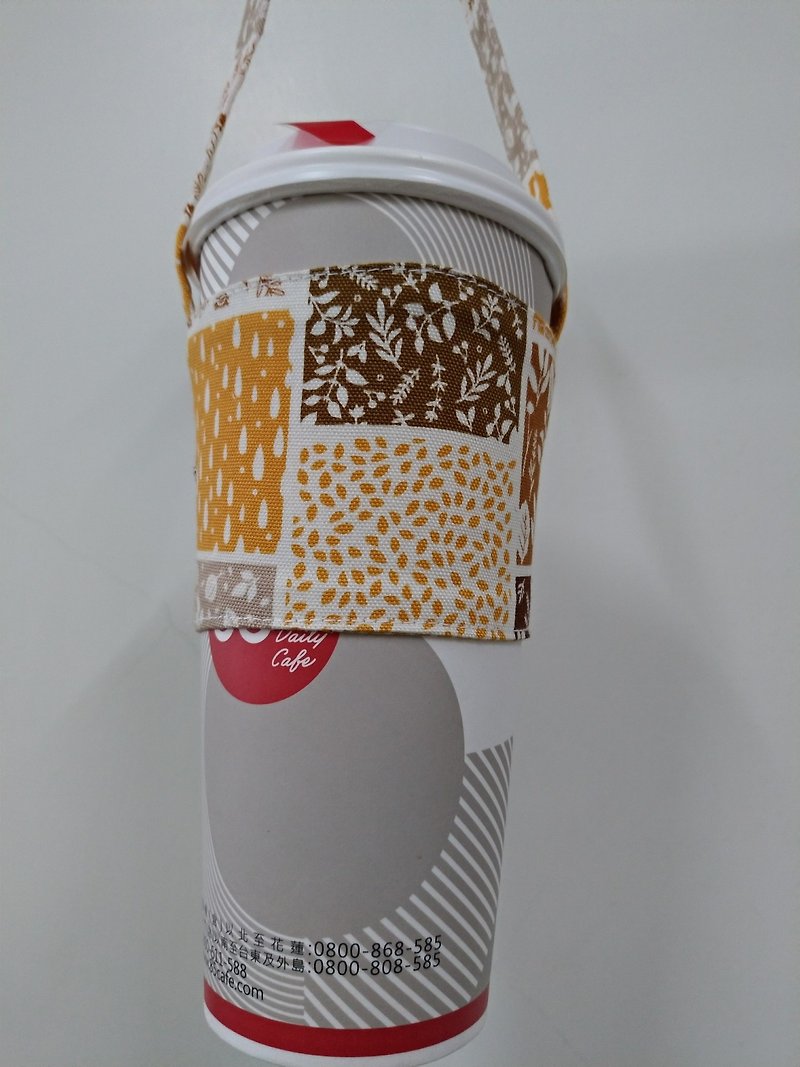 Beverage Cup Holder, Green Cup Holder, Hand Beverage Bag, Coffee Bag Tote Bag-Forest Style Yellow - ถุงใส่กระติกนำ้ - ผ้าฝ้าย/ผ้าลินิน 