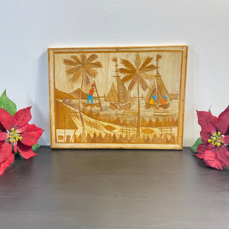 Vintage Artwork, Old Fisherman, Ships, Palm Tree, Size 11 x 16 Brown, Vintage - Wall Décor - Wood Brown