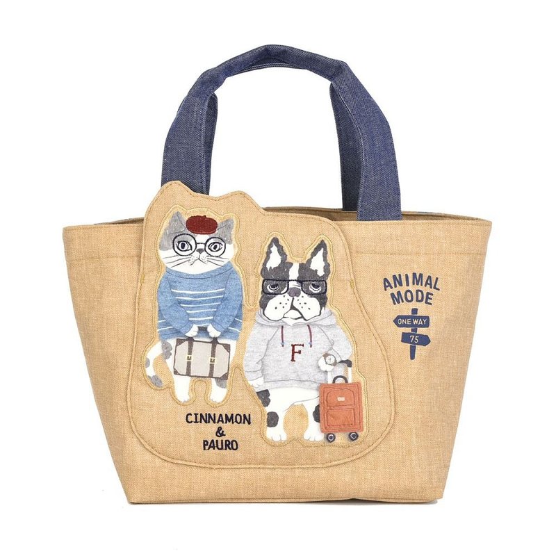 Kusuguru Japan Japanese Spectacled Cat Wide Mouth Zipper Fashion Large Pocket Handheld Tote Bag-Beige - กระเป๋าถือ - เส้นใยสังเคราะห์ สีเหลือง