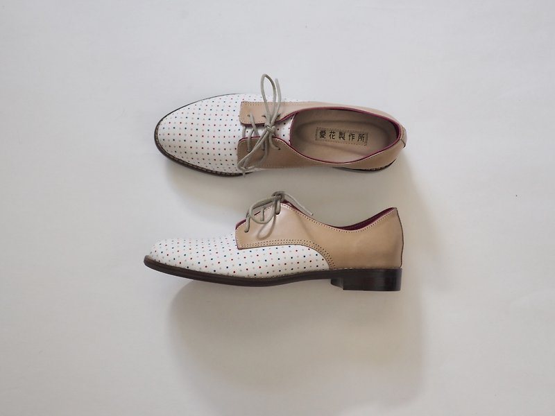 愛花德彼鞋-自然色牛皮與日本白底原點印花布 - 女款休閒鞋 - 真皮 咖啡色