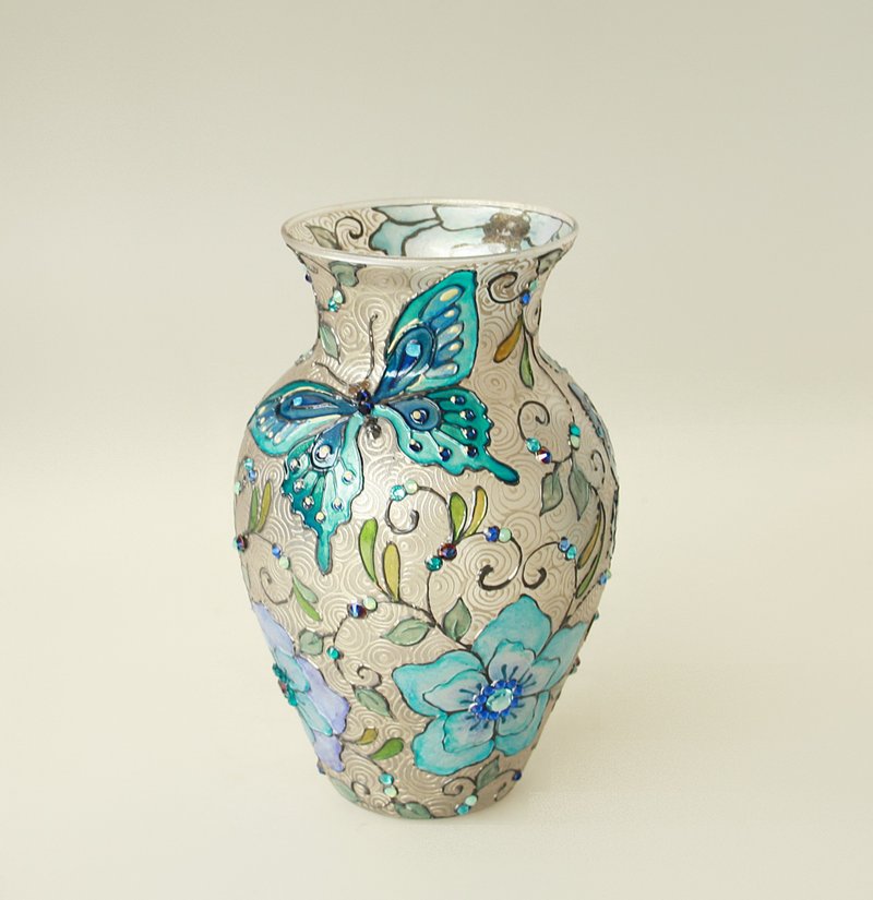 Blue Butterflies Vase Wildflowers Swarovski Crystals Hand-painted - 擺飾/家飾品 - 玻璃 藍色