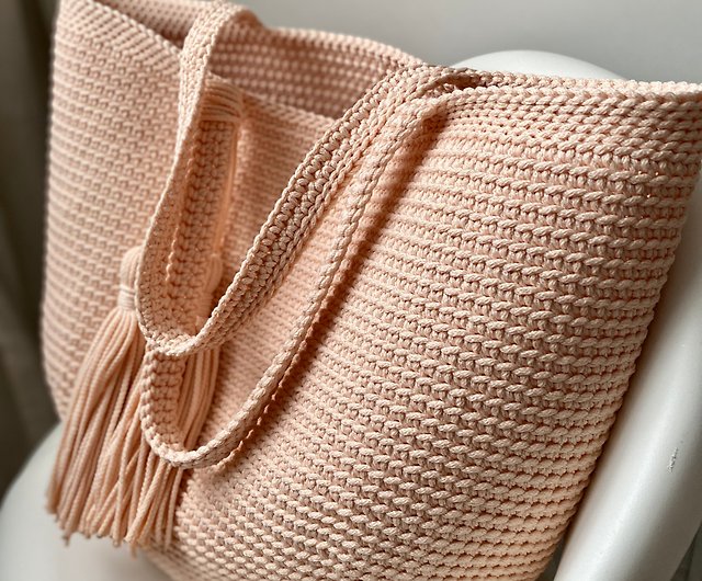 Tan/petal Pink Large Crochet Tote Bag