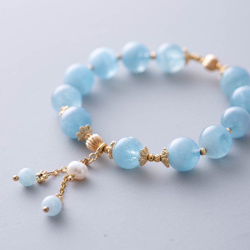 10mm Aquamarine, Pearl, 14K Gold Plated Natural Gemstone Crystal Bracelet - Bracelets - Gemstone Blue
