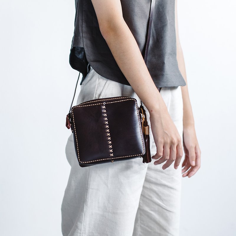 SQUARE SHAPE LEATHER CROSS BODY BAG-DARK BROWN - Messenger Bags & Sling Bags - Genuine Leather Brown