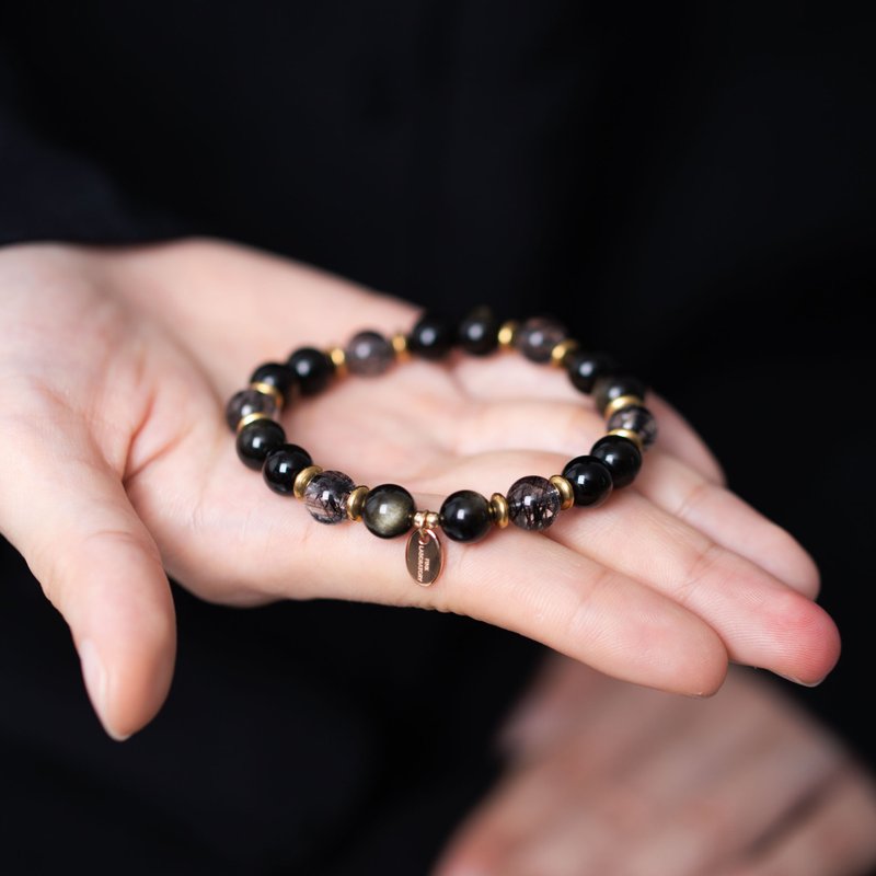 Black Obsidian, Black Rutilated Quartz, 14K Gold Filled Findings Bracelet - สร้อยข้อมือ - เครื่องเพชรพลอย สีดำ