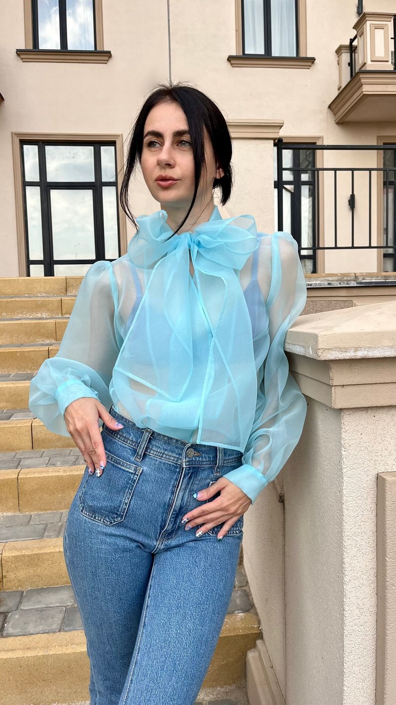 Sky Blue Sheer Organza pussy bow Blouse with Elegant Puffy Sleeves - 女襯衫 - 其他材質 藍色