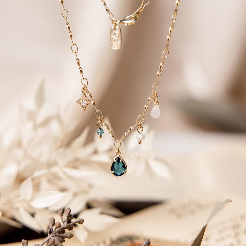 Noble x Topaz Stone Zircon Stone Pearl [Yesterday’s Impression • Tomorrow] Necklace - Necklaces - Gemstone Blue