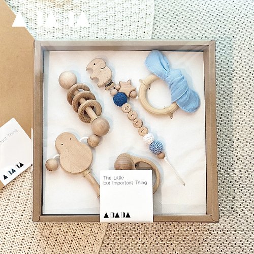ABABA 【客製化】嬰兒原木編織奶嘴鏈/原木系列玩具五入彌月禮盒
