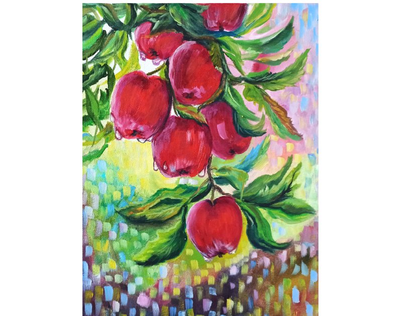 Red Apples Oil Painting on Stretched Canvas Hand Painted Artwork - 壁貼/牆壁裝飾 - 其他材質 多色