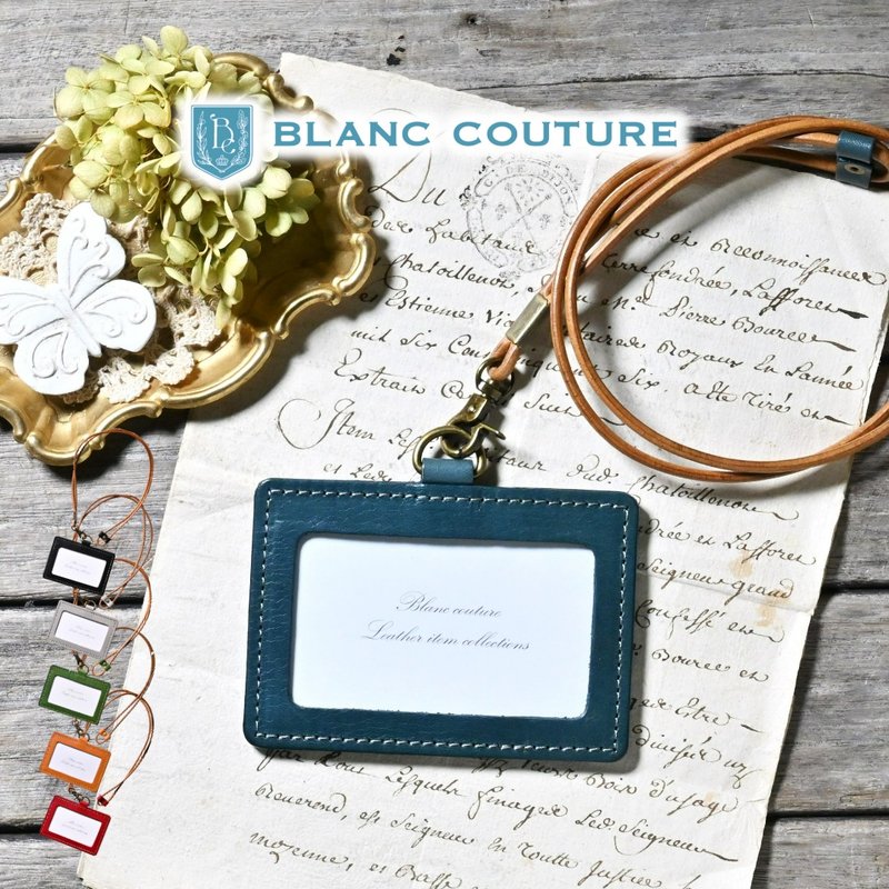 Horizontal ID Card Holder Leather Neck Strap - ที่ใส่บัตรคล้องคอ - หนังแท้ สีดำ