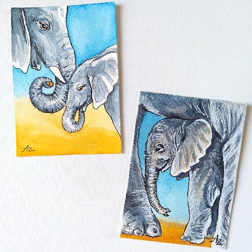AZA-Art Elephant Painting Set ACEO Original Art Mother and Baby Watercolor Small Animal
