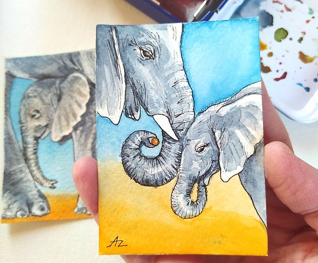 象の絵セット ACEO オリジナルアート 母と赤ちゃん 水彩画 小動物 