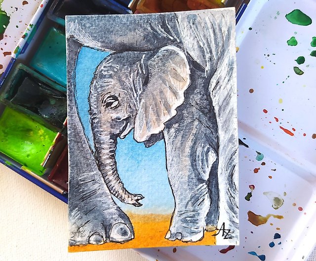 象の絵セット ACEO オリジナルアート 母と赤ちゃん 水彩画 小動物 