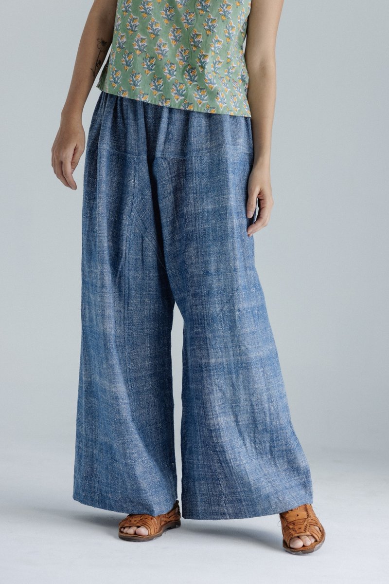 KALAKAR handwoven design wide pants_blue - กางเกงขายาว - ผ้าฝ้าย/ผ้าลินิน สีน้ำเงิน