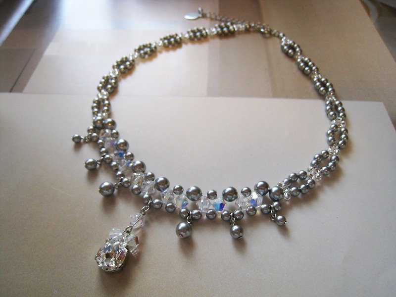 Swarovski Pearl & Crystal Drop Choker / CJD : Gray Bridal* - Necklaces - Glass Gray