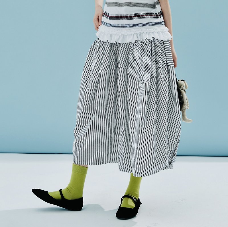 Striped large pocket bloomer skirt / culottes - กางเกงขายาว - ผ้าฝ้าย/ผ้าลินิน ขาว