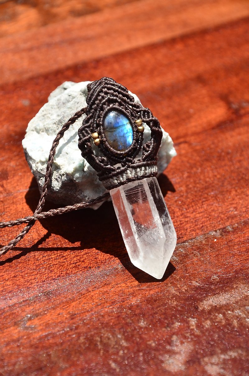 天然水晶-拉長石-手制花邊編織項鍊 - 項鍊 - 寶石 灰色