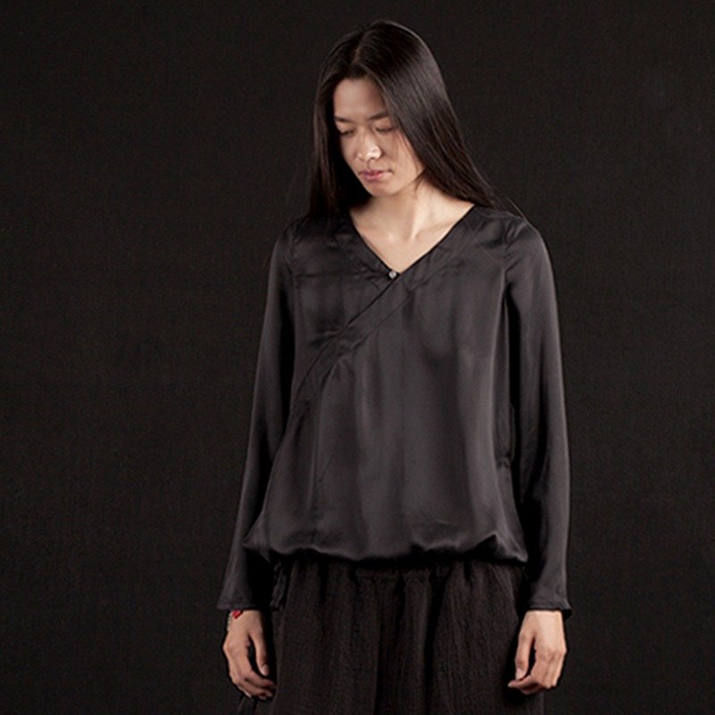Black Silk Shirt - Grey Onyx Button - Women's Shirts - Silk Black